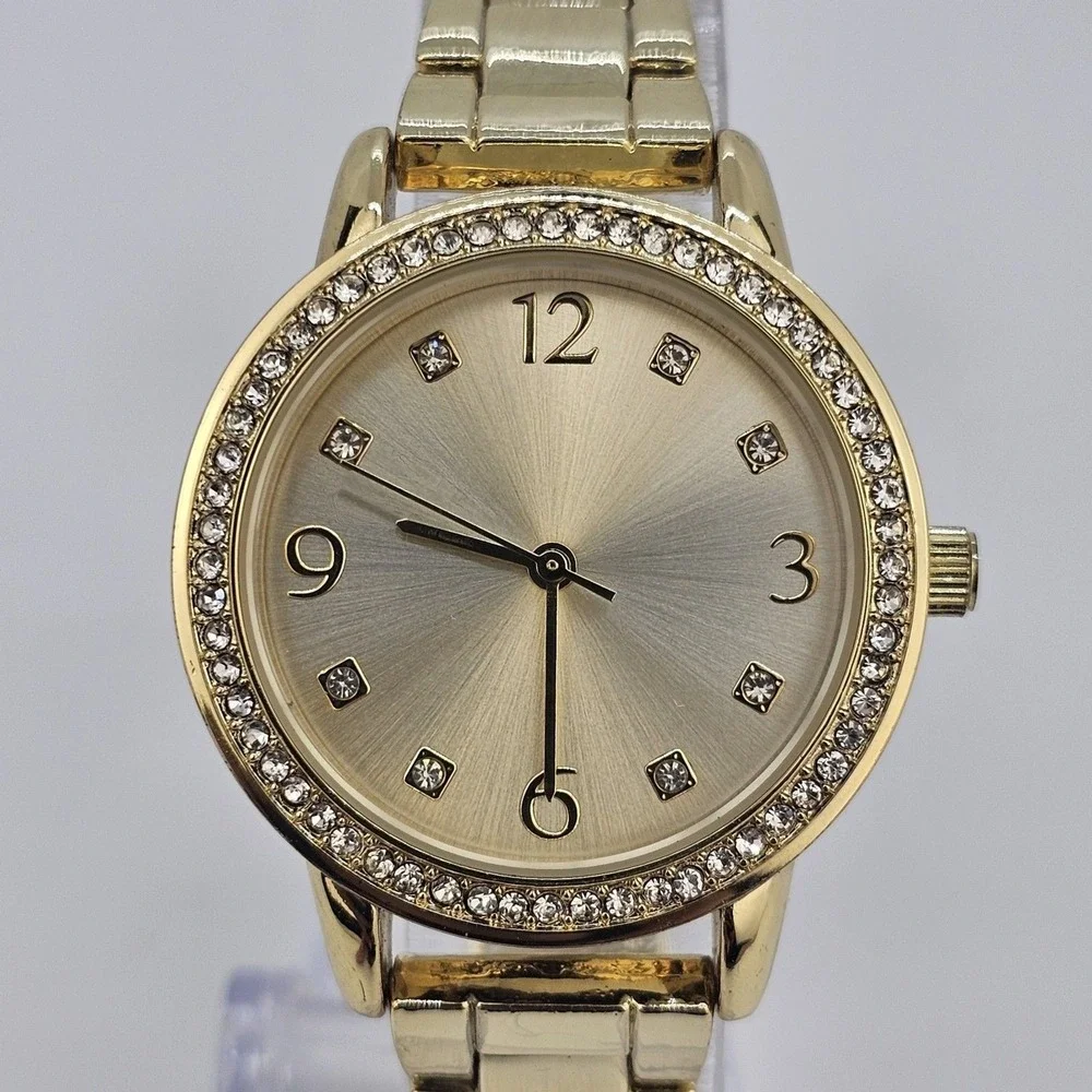 32MM Women's Watch Gold Dial Crystal Bezel Gold Bracelet Band New Battery‎